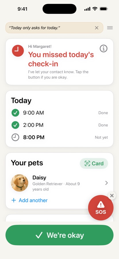 The Doggy home screen, with the day's check-in done and Daisy listed below it