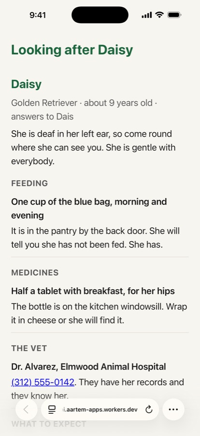 The page a neighbour opens from the link, listing Daisy's feeding, medicines and vet