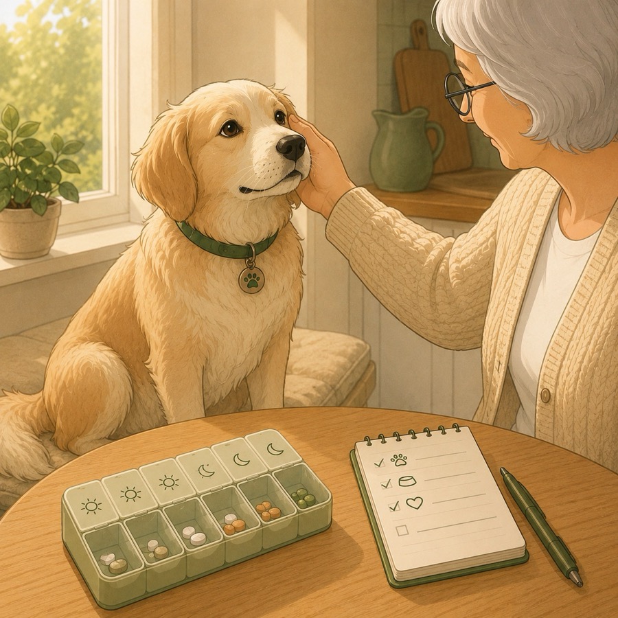 An older woman at home with her dog